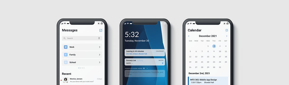 Three phone screens side by side, displaying the OS UI.
