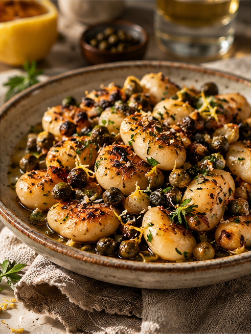 Crispy lemon caper butter beans in a shallow ceramic bowl