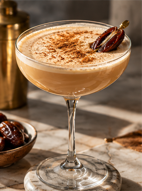 Salted Date and Tahini Martini in a coupe glass