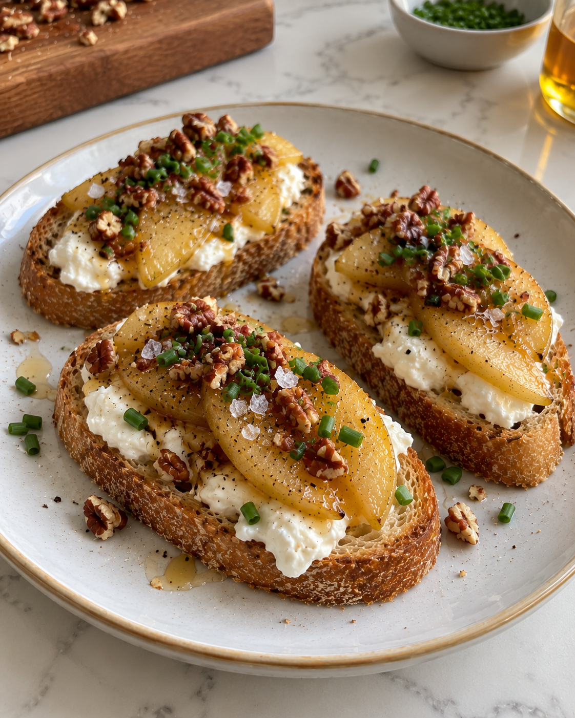 Baguette crostini topped with burrata, roasted pear slices, toasted pecans, honey, chopped chives and flaky salt