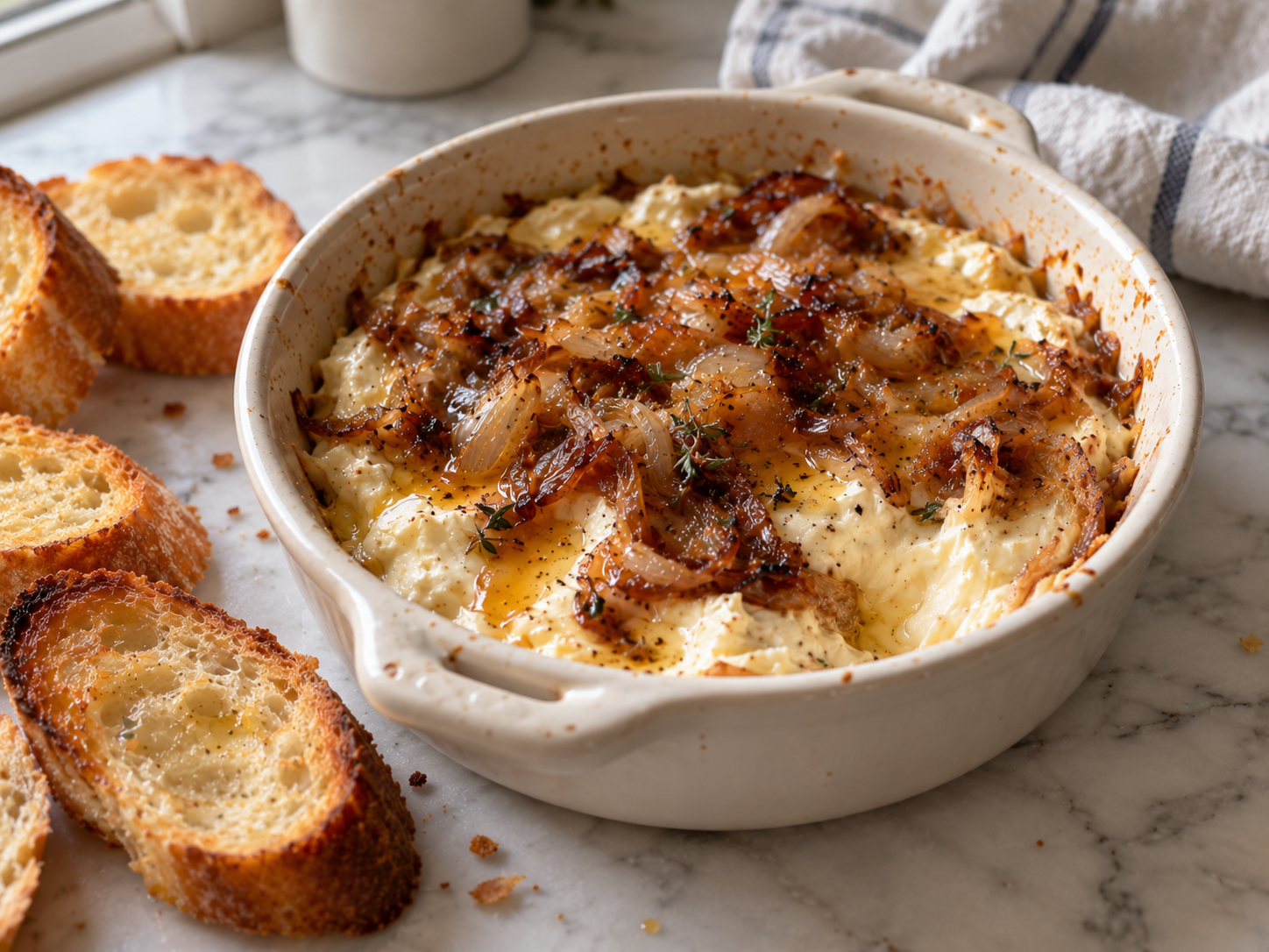 Warm Boursin Cheese Dip with Caramelized Shallots & Hot Honey