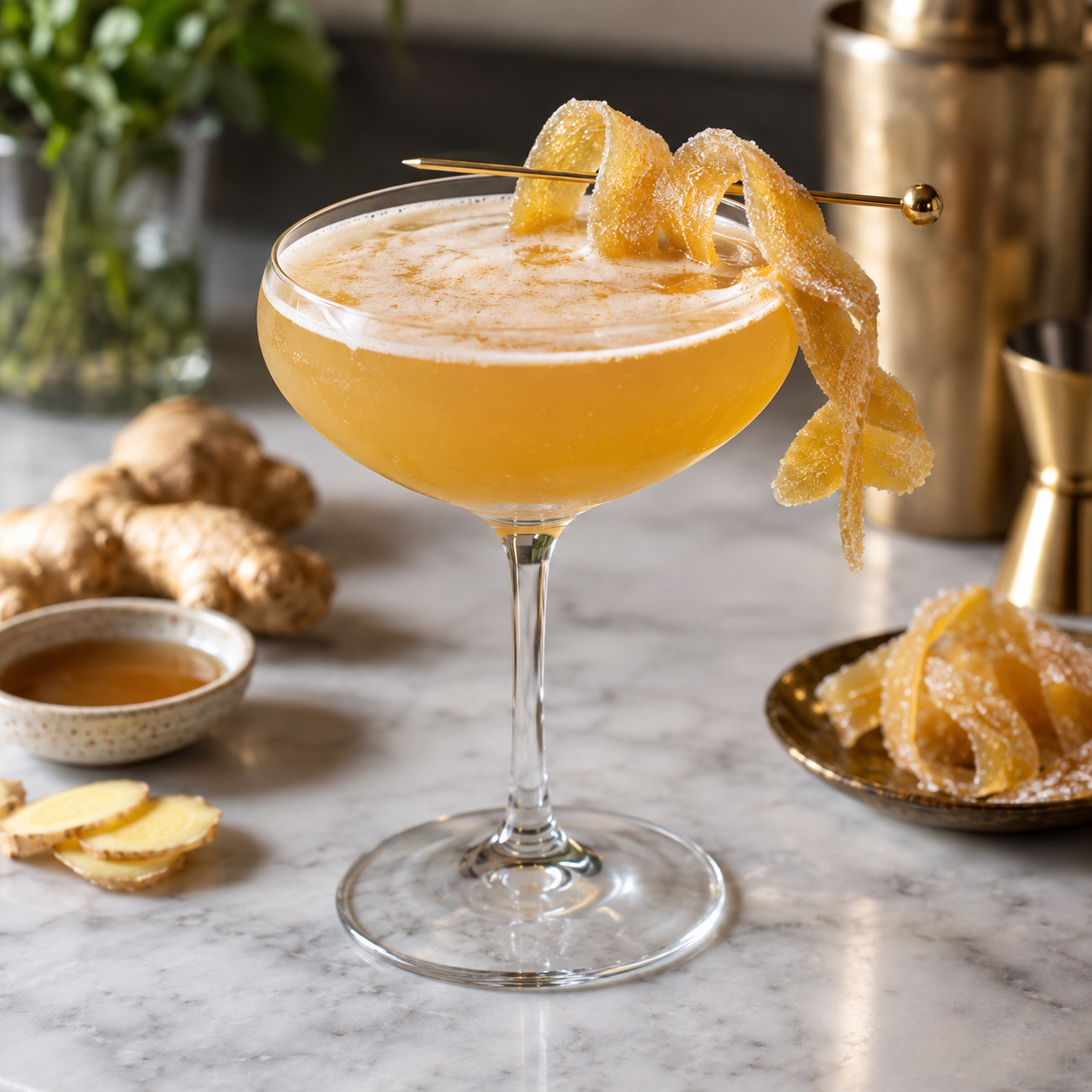 Candied ginger ribbons garnish on a cocktail