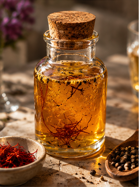 Golden saffron and black pepper honey syrup in a glass bottle