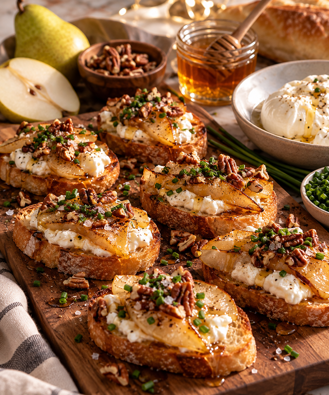 Roasted pear pecan burrata baguette crostini