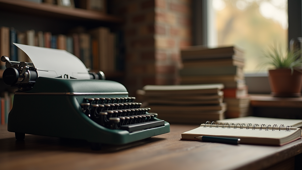 Eye-level view of a cozy writing nook with a typewriter and a stack of books