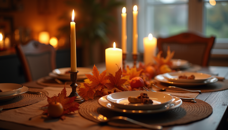 Eye-level view of a rustic wooden table set with a simple Thanksgiving centerpiece of autumn leaves and candles