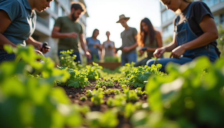 Eye-level view of a community garden with people planting vegetables