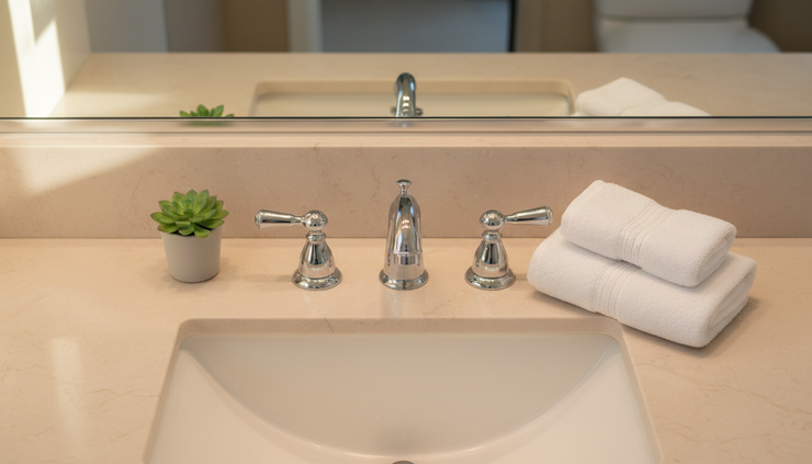 Overhead view of a freshly cleaned bathroom sink with folded towels and a small plant