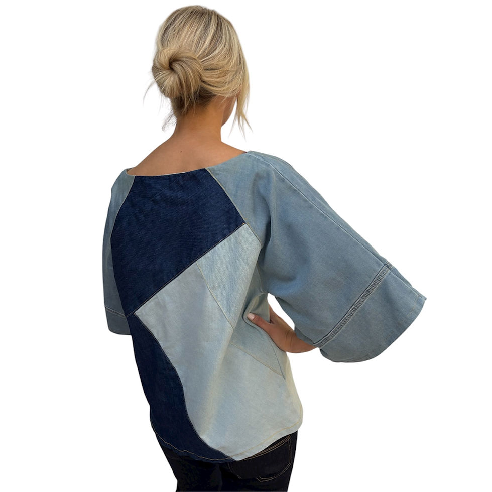 Thumbnail: Selena- Off the shoulder denim patchwork top