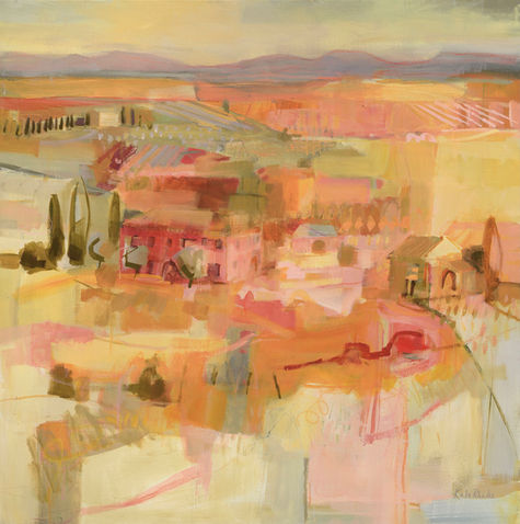 Heat of the Land, Italian, hot, brightly coloured, Tuscan, Tuscany, Mediterranean, landscape, pink and red, Kate Rhodes, Kate Sporborg