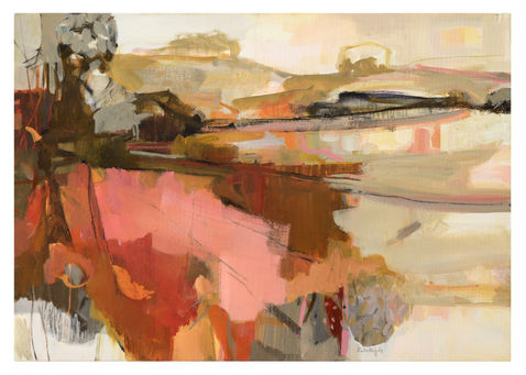 Hedgerows and Bridlepaths, contemporary art, reddish, landscape, expressionist, semi abstract, colourist, Kate Sporborg, Kate Rhodes, oil on canvas, atmospheric 