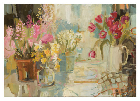 Hyacinths, Narcissi and Tulips, contemporary art,  expressionist, semi abstract, colourist, Kate Sporborg, Kate Rhodes, oil on canvas, atmospheric, flowers, daffodils