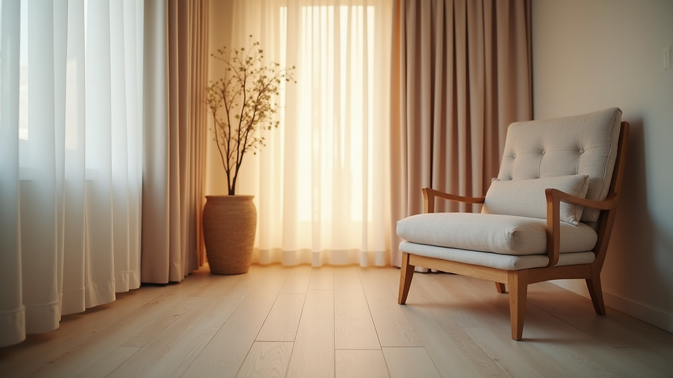 Eye-level view of a calm therapy room with a comfortable chair and soft lighting