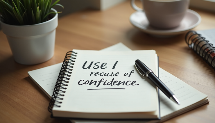 Close-up view of a journal and pen on a wooden desk with motivational notes