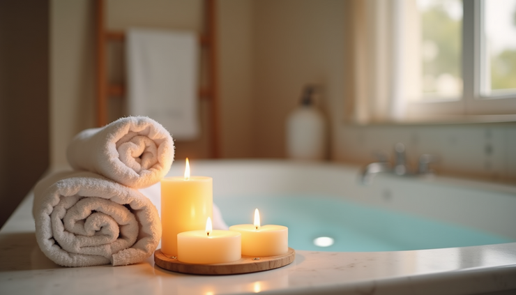 Eye-level view of a serene bathroom with candles and soft towels