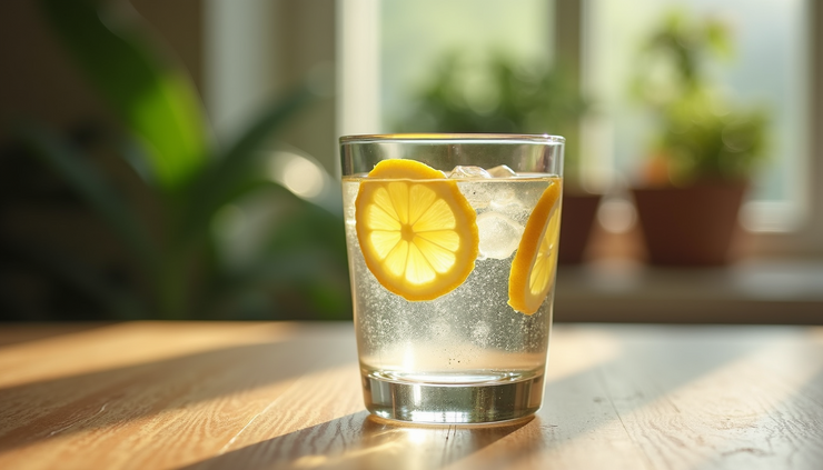 Eye-level view of a clear glass of water with lemon slices on a wooden table