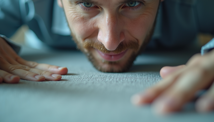 Close-up view of a quality control inspector checking sofa fabric texture