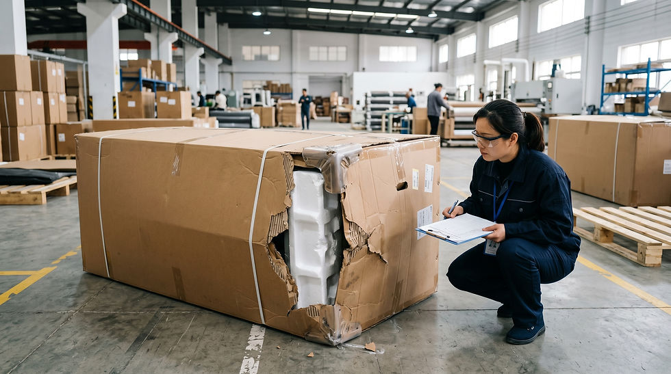 A realistic furniture packaging drop test scene showing sofa cartons, corner protection and quality inspection for e-commerce furniture shipments.