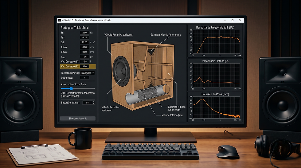 Interface do Simulador Bass-Reflex Amortecido da MK Audio, exibindo o controle deslizante de resistência do duto (0% a 100%) e gráficos de achatamento de impedância elétrica e controle de excursão do cone.