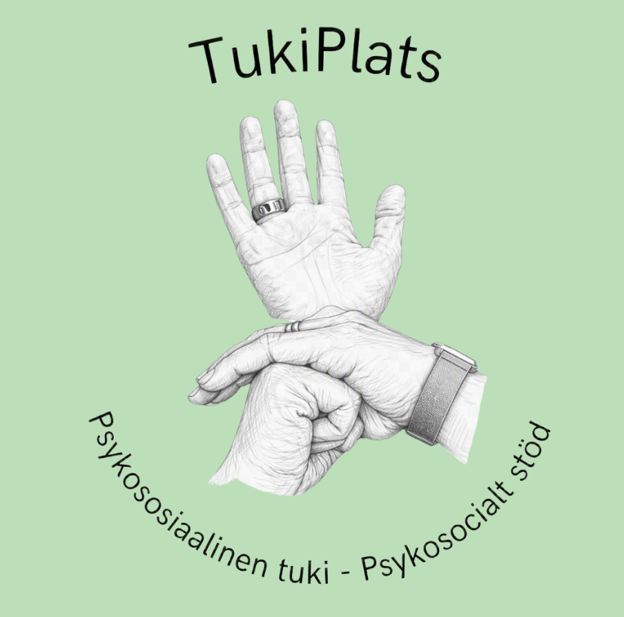 TukiPlatsin logo, jossa yhdistyvät viittomat viiitottu+ tuki. ylhäällä otsikko, alhaalla psykososiaalinen tuki suomeksi ja ruotsiksi.