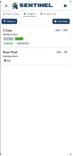 Sentinel app Insights screen showing Sandbox Farm cards: 2 Copy with forecast and River Pivot with gap badges.
