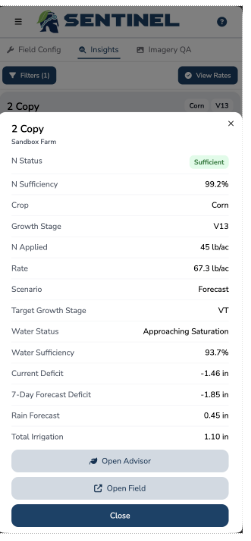 Sentinel app modal for field 2 Copy showing crop Corn, V13, sufficient status, water metrics, and Open Advisor/Open Field buttons.