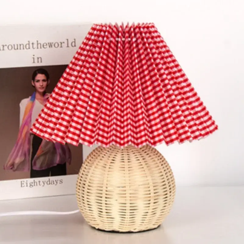 Thumbnail: Vintage Rattan Korean Table Lamp - Creative Pleated Fabric Shade