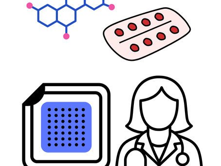 graphics- female doctor, patch, tablets and chemical bond image