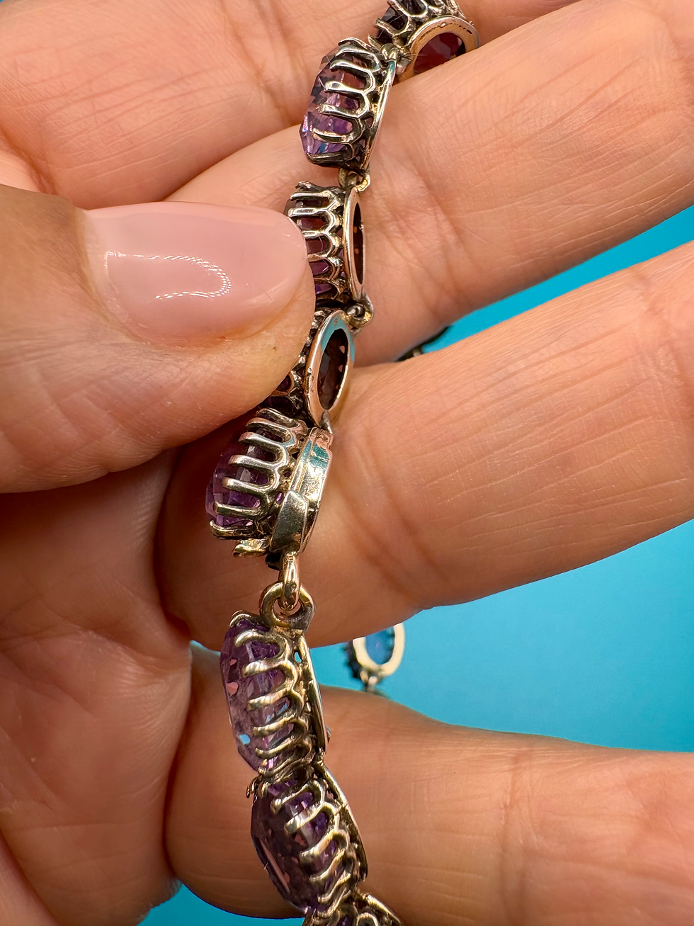 Thumbnail: Antique Amethyst Bracelet set in silver with a covered clasp