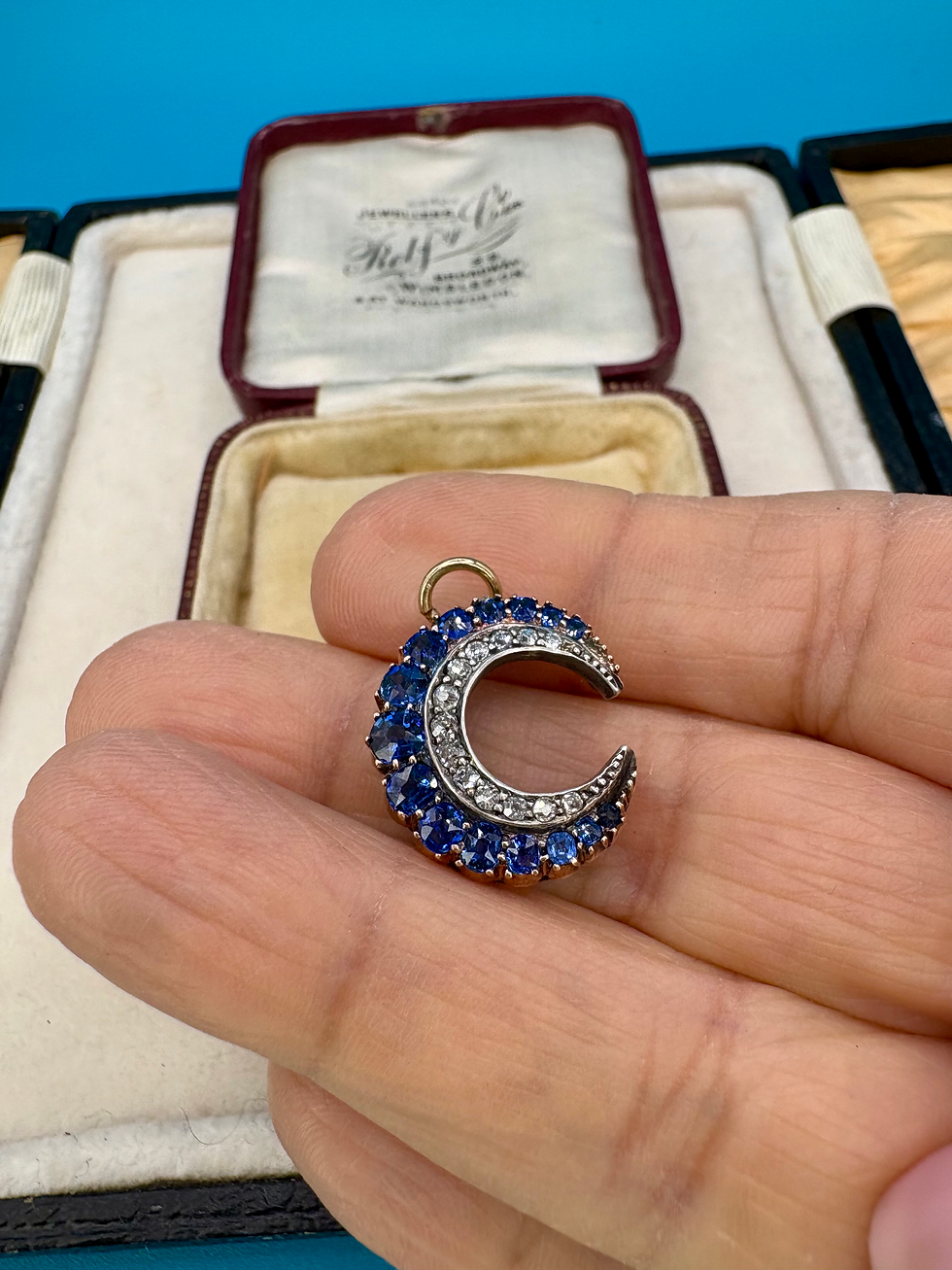 Thumbnail: 💙Blue 💙 Victorian Sapphire & Diamond Crescent  set in Silver & Gold