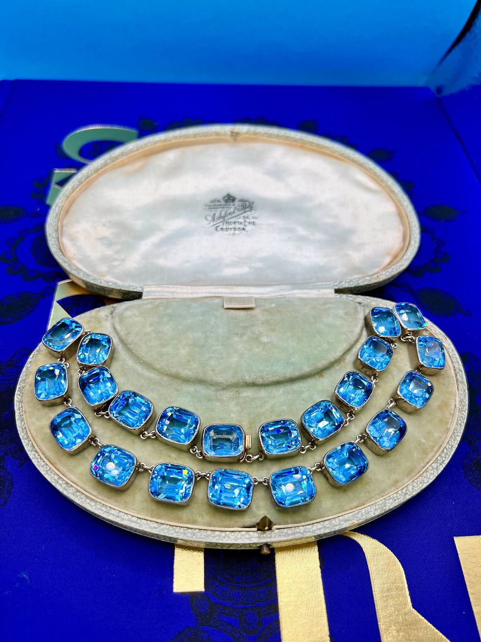 Art Deco Aquamarine Blue Paste Rivière set in Silver & Gold 14inches long