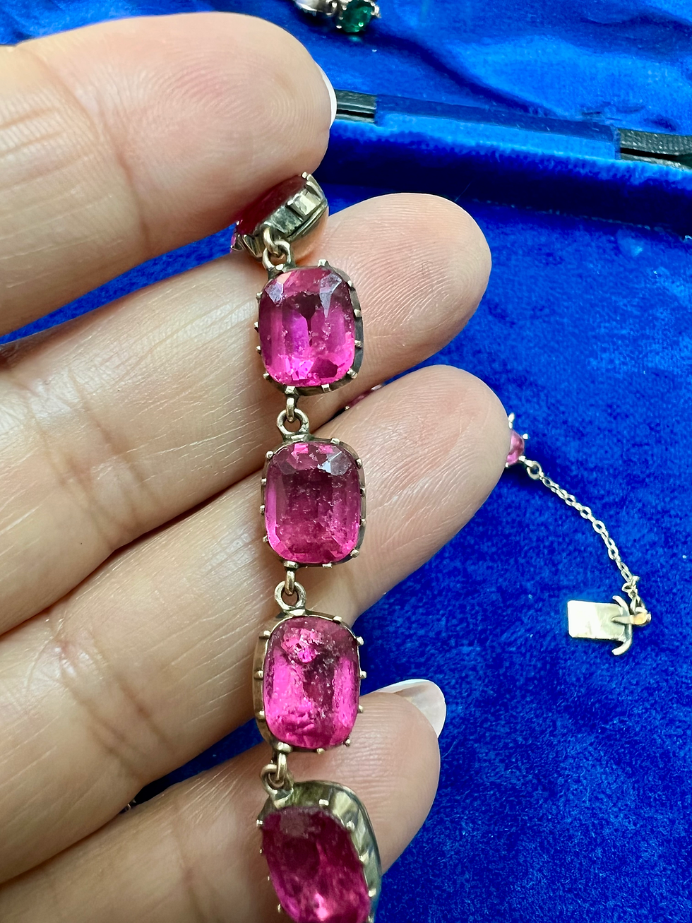 Thumbnail: Georgian Pink Paste Rivière Necklace set in Gold with vibrant Pink foiled stones