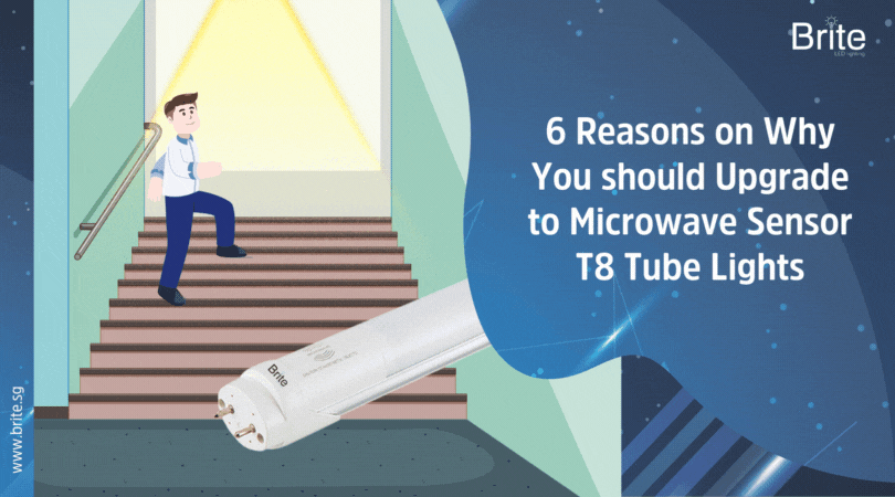 showcasing brite led lighting t8 microwave sensor tube light, and a man walking up the stairs and the lights activating. Energy saving efficient efficiency