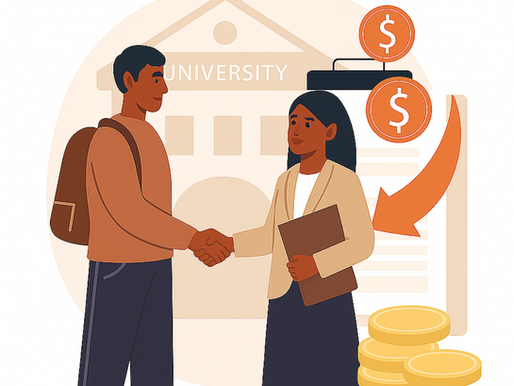 An illustration showing a student with a backpack shaking hands with a consultant holding a folder in front of a university building, with dollar symbols and coins indicating study abroad consultancy fees and financial discussions.