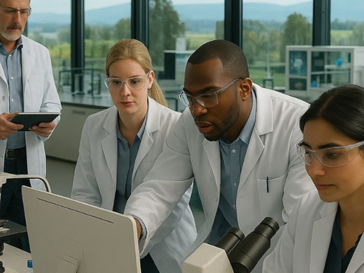 A group of scientists in lab coats working together in a modern laboratory, using a computer and microscope, representing New Zealand’s launch of a new Advanced Technology Institute.