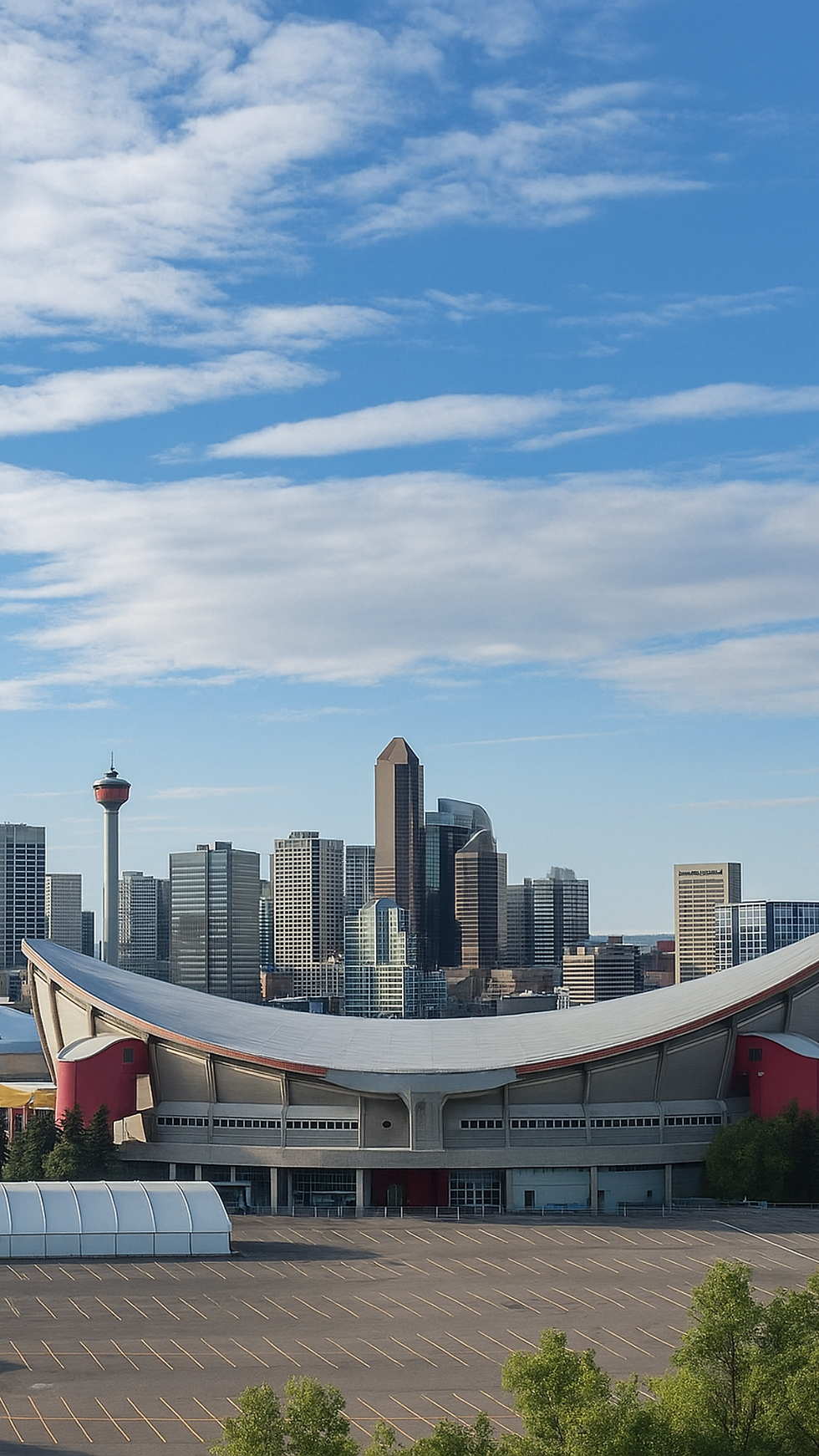 Skyline of Calgary, Alberta, featuring modern high-rise buildings and the iconic Saddledome arena under a bright blue sky, representing Alberta’s growing urban landscape and the ongoing debate about immigration caps and their potential impact on students.
