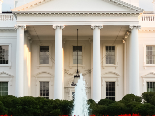 Front view of the White House with the U.S. flag flying on top, a central water fountain, and neatly arranged red and white flowers in the foreground.
