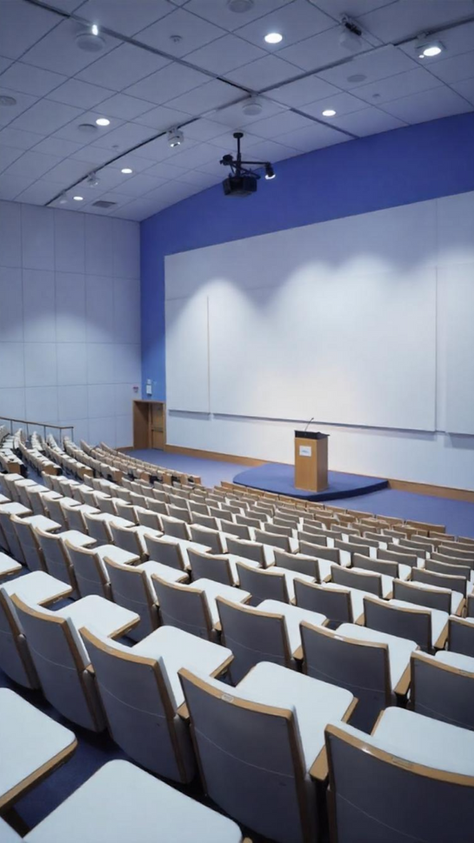 An empty college lecture hall with rows of vacant seats and a podium under a projector — symbolizing downsizing and the impact of staff layoffs in educational institutions.