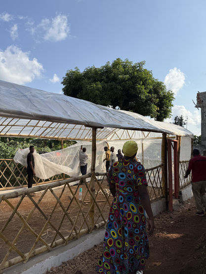 Grace Place Volunteers secure white sheeting over the bamboo frame of the Walipini Impact Build.