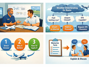 Four aviation illustrations showing a DPE oral exam conversation, a weather decision flowchart, a three-step answer framework, and a shift from memorizing to explaining.