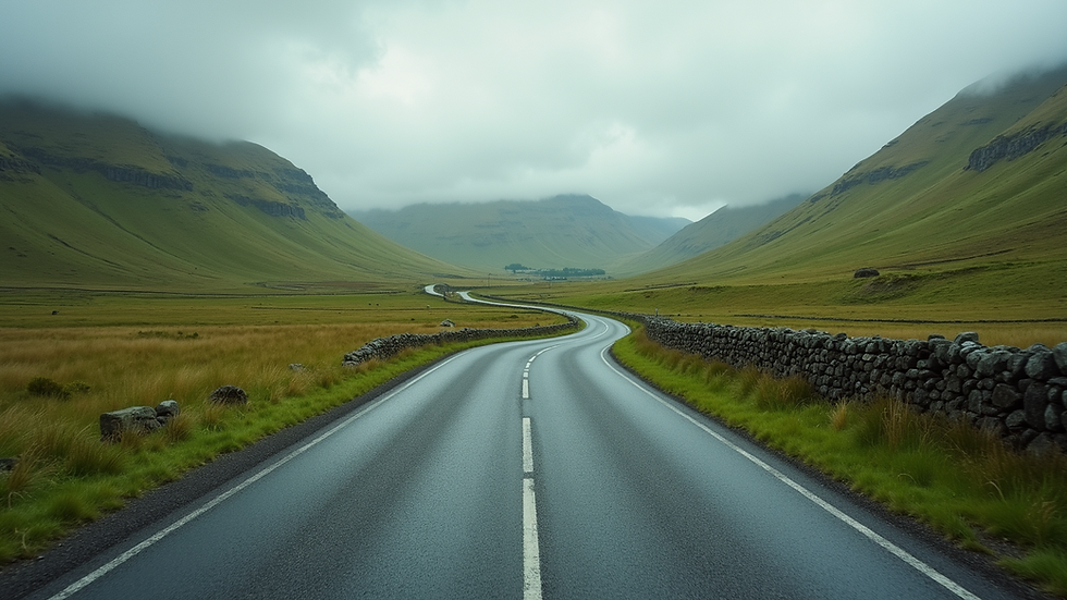 Eye-level view of a scenic Scottish countryside road winding through green hills