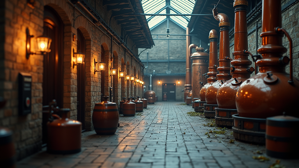 Eye-level view of a traditional Scottish whisky distillery