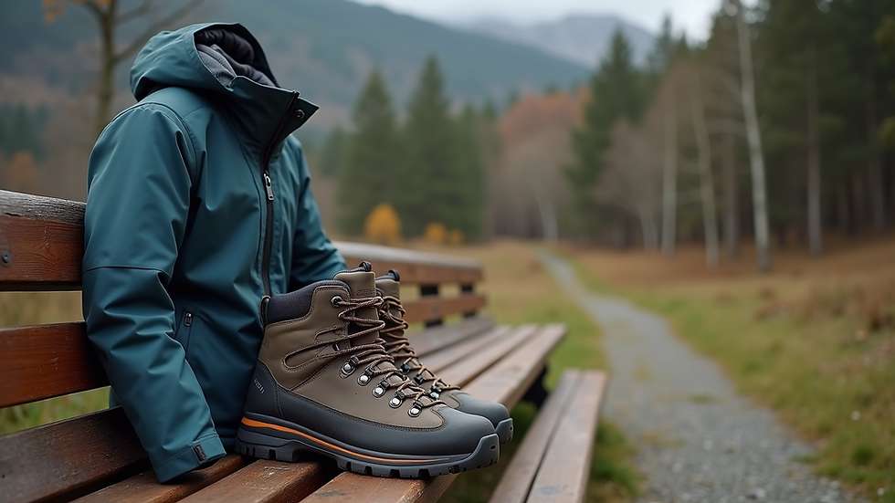 Close-up view of a waterproof jacket and hiking boots on a wooden bench