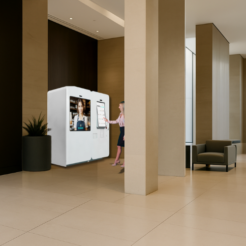 Woman using a sleek white AI-powered beverage vending machine in a modern office lobby with minimalist furniture.