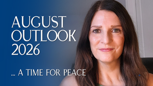 Portrait of Christie Flynn beside text reading August Outlook 2026 ... A Time for Peace on a blue background.