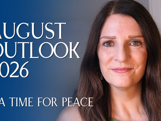 Portrait of Christie Flynn beside text reading August Outlook 2026 ... A Time for Peace on a blue background.