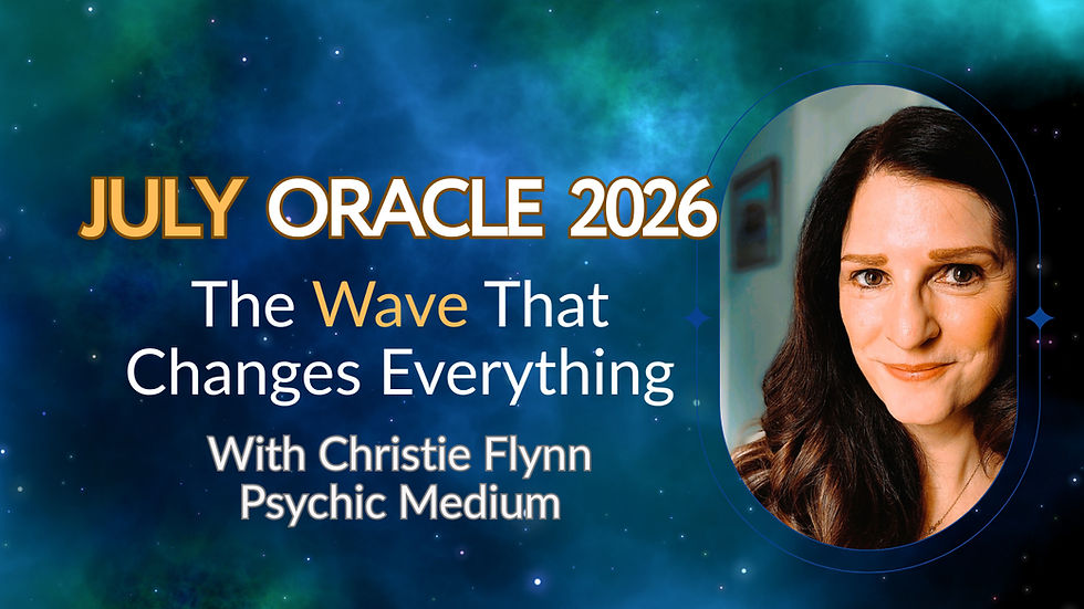 Promotional poster with woman's portrait and text: JULY ORACLE 2026, The Wave That Changes Everything. With a picture of Christie Flynn