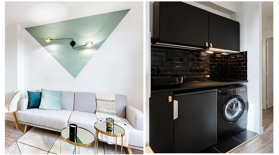 Photographies du projet Barthélémy - le triangle vert définit le coin salon, tandis que le coin cuisine revêt un look total black