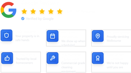 Aspire Pressure Washing Melbourne trust badges showing 5-star Google reviews, fully insured service, on-time guarantee, locally owned business, professional equipment, and customer satisfaction guarantee.