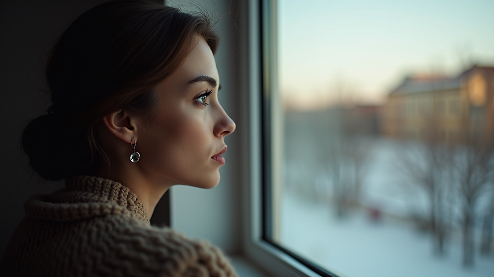 Seitenansicht einer Frau, die nachdenklich aus dem Fenster schaut
